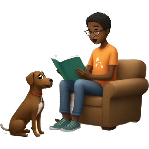 boy with dog reading indoors emoji