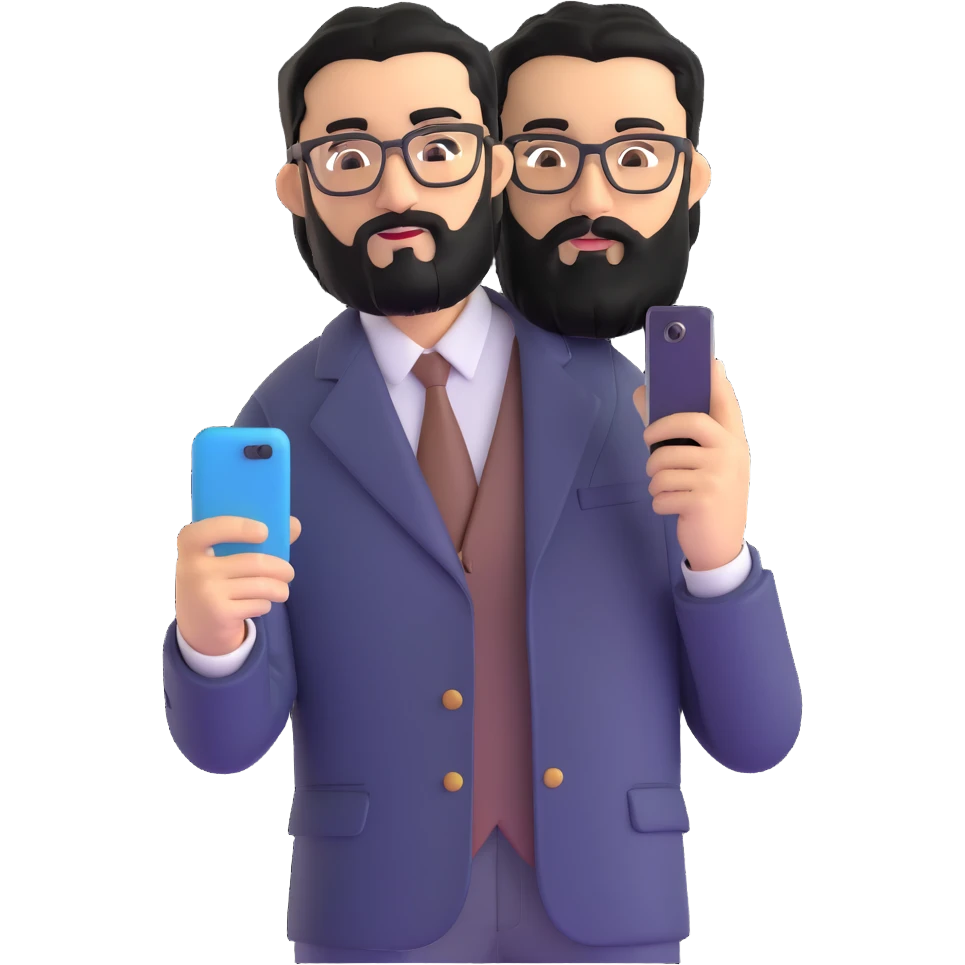 standing pose of professional man with medium black beard, black hair styled and combed to one side, connected unibrow, olive tan skin, brown eyes, glasses, prominent nose, dressed in formal black jacket, with mobile phone emoji