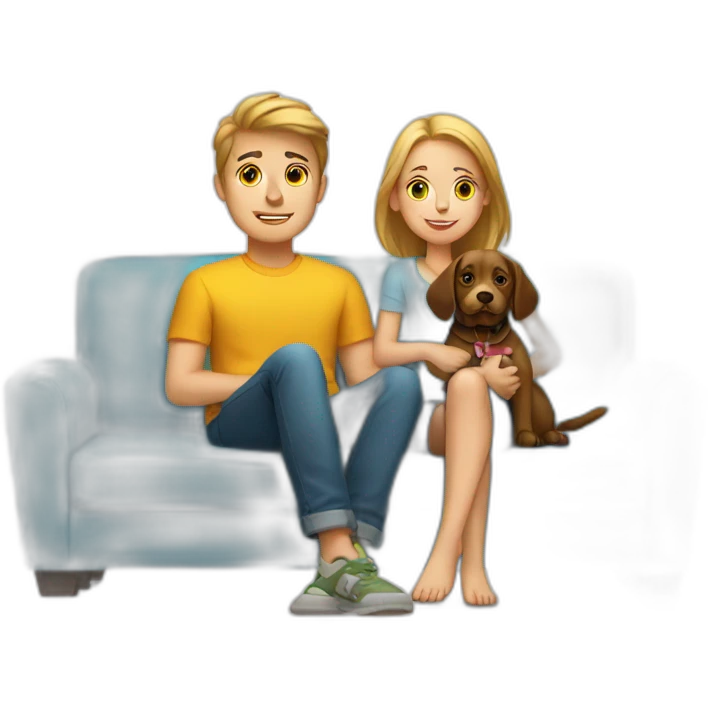 White boy and girl Sit on couch with dog emoji