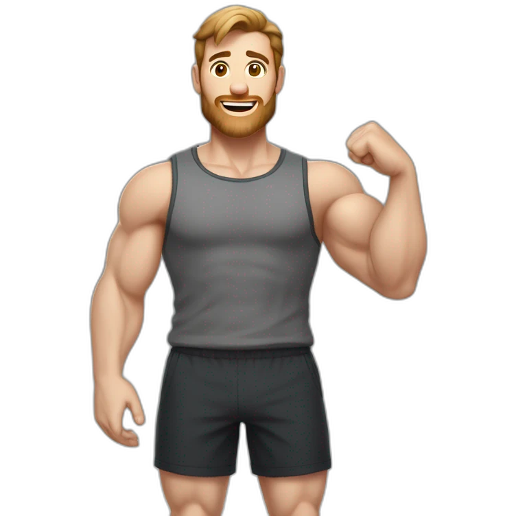 Close up Actively gesturing  with hands Pale skinned Fit Man With the biceps and brown hair in dark gray Sleeveless Mike, black oversize sports shorts, watch and white Sneakers emoji