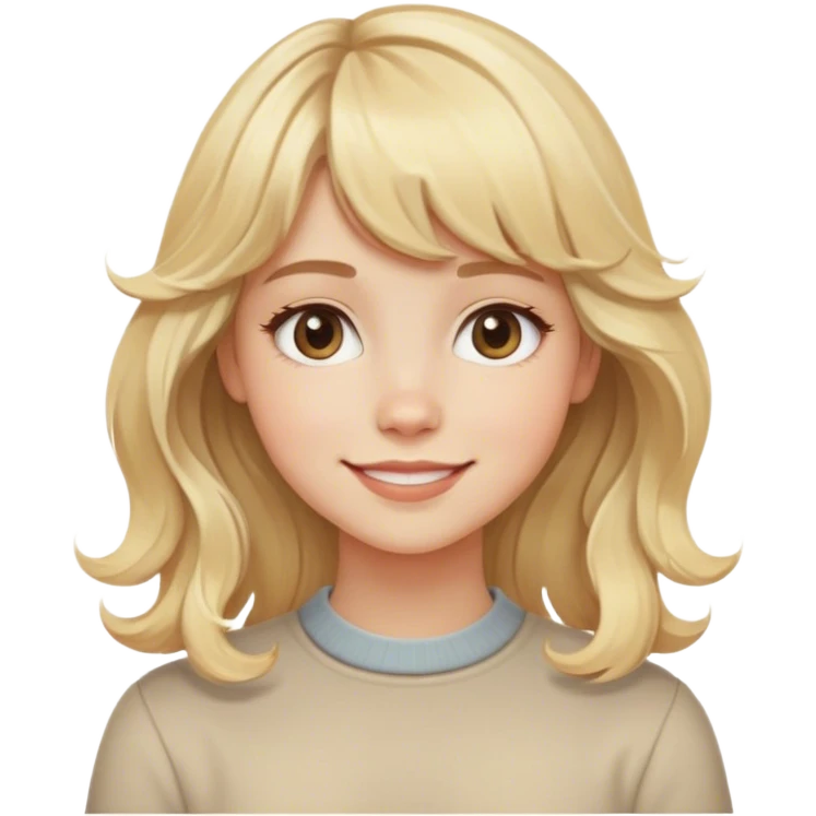Create a cute emoji of a blonde girl with wavy hair, bangs. The emoji should have a warm, subtle smile and a friendly expression. Style it with a minimalist, modern aesthetic with soft edges and warm tones. emoji
