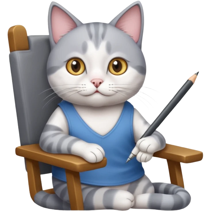 grau weiße Katze sitzt auf einem Sessel mit Stift und Block in der Hand emoji