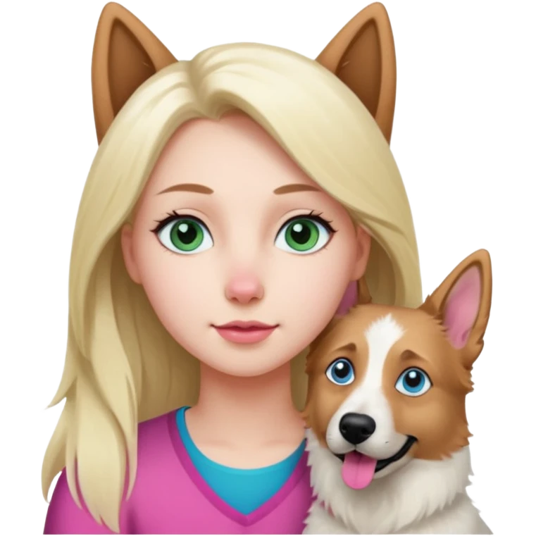 White European young woman with blue-green eyes and long blond hair with her white German Shepherd dog,the Dog has a pink nose and short fur  and Brown eyes emoji