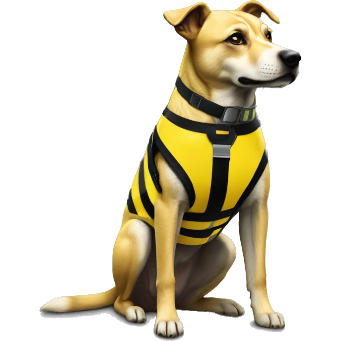 Yellow and black striped caution dog covered in caution tape and holographic harness graffiti emoji