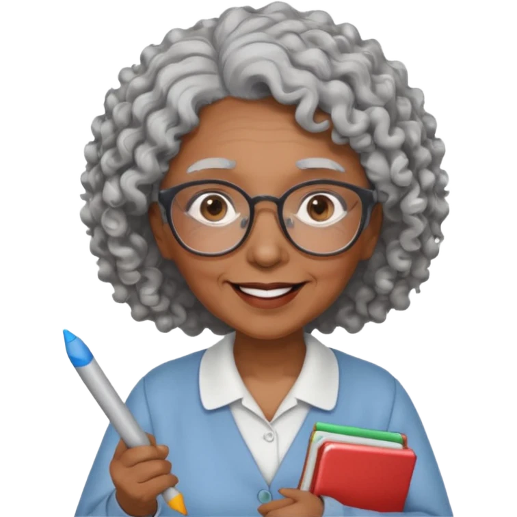 old woman teacher, brown skin, curly grey white hai, wearing glasses, hold chalk on hand emoji