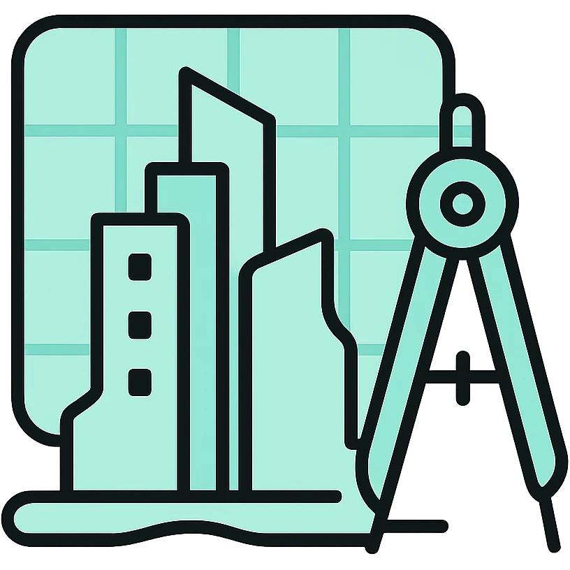 Modern city skyline with blueprint grid and a compass, fluid lines, dimensional techy style, black outlines with mint green #B5F4D3 fills emoji