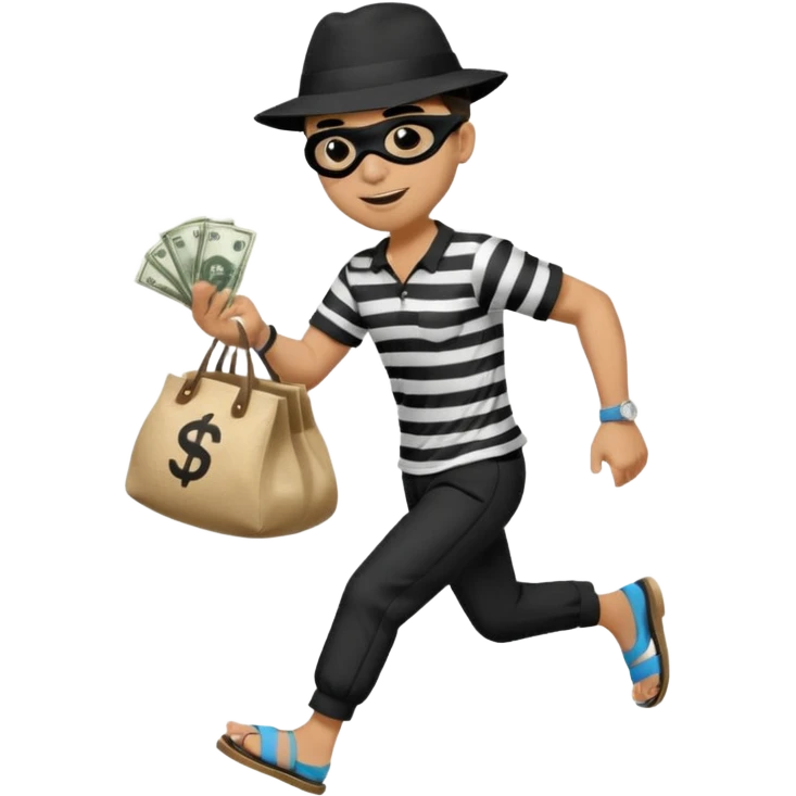 Make a man wear a black pant and he shirt is balck line and white line and wear a black hat and he holding a money bag and he running he wear a black eye thing no money in the Left hand and he yellow and the money bag in the right he wear a flip flop like this is Money bag 💰 emoji
