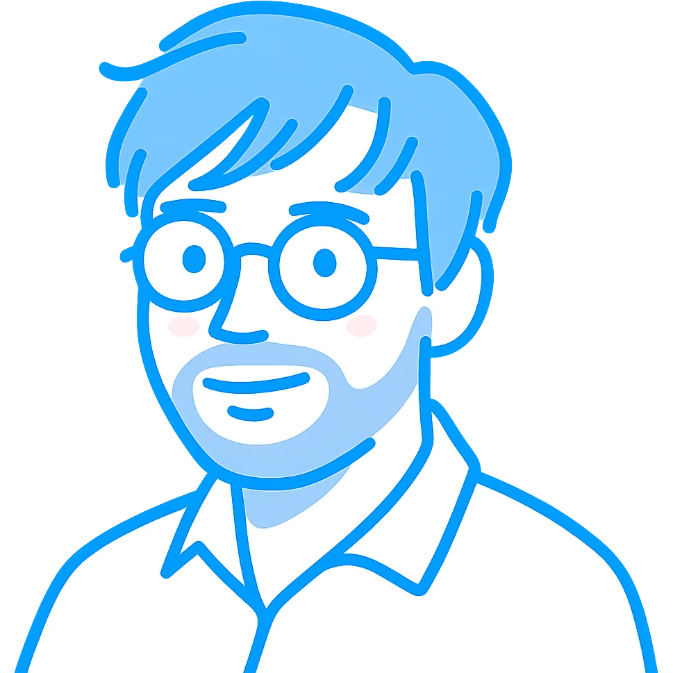 A man with round glasses, artfully messy longer hair with stylish sweeping bangs, a round but defined face shape, and a broader nose. Use vibrant sky blue for all the outlines and features, a touch of pink highlights only on the cheeks, and gray exclusively for the short beard and necessary shadows. emoji