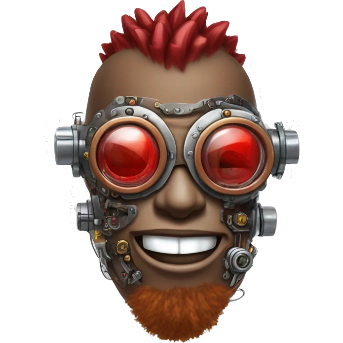 Brown cyborg head with red Mohawk, red beard, silver steampunk monocle goggles a smile and circuits emoji