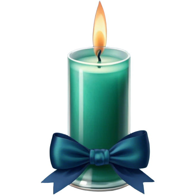 A vintage-inspired still life featuring a glass candle in a deep emerald shade, placed beside a delicate navy blue bow. emoji