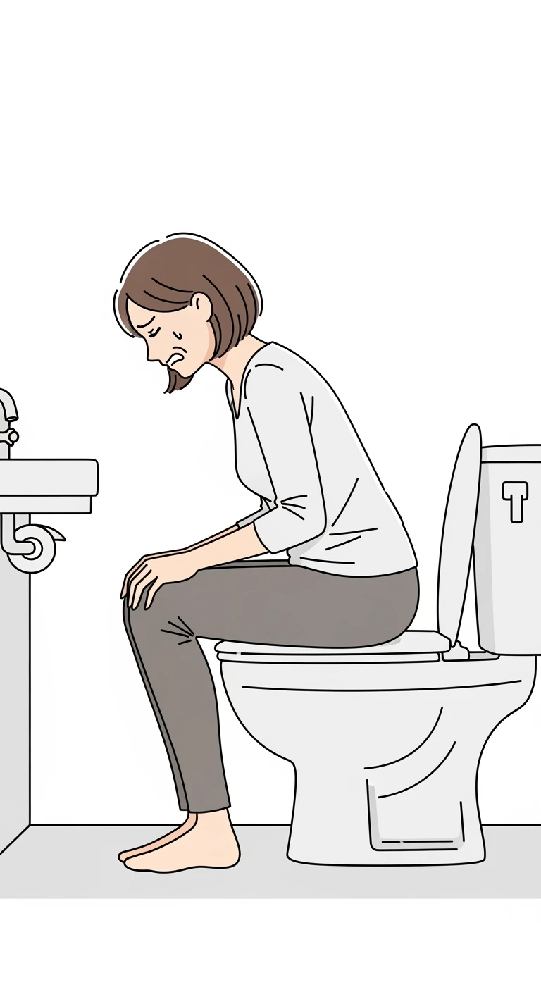 DONNA SEDUTA SUL WC DI PROFILO A FIGURA INTERA CON ESPRESSIONE DI DOLORE IN VOLTO PERCHé SOFFRE DI CISTITE, SFONDO BIANCO emoji