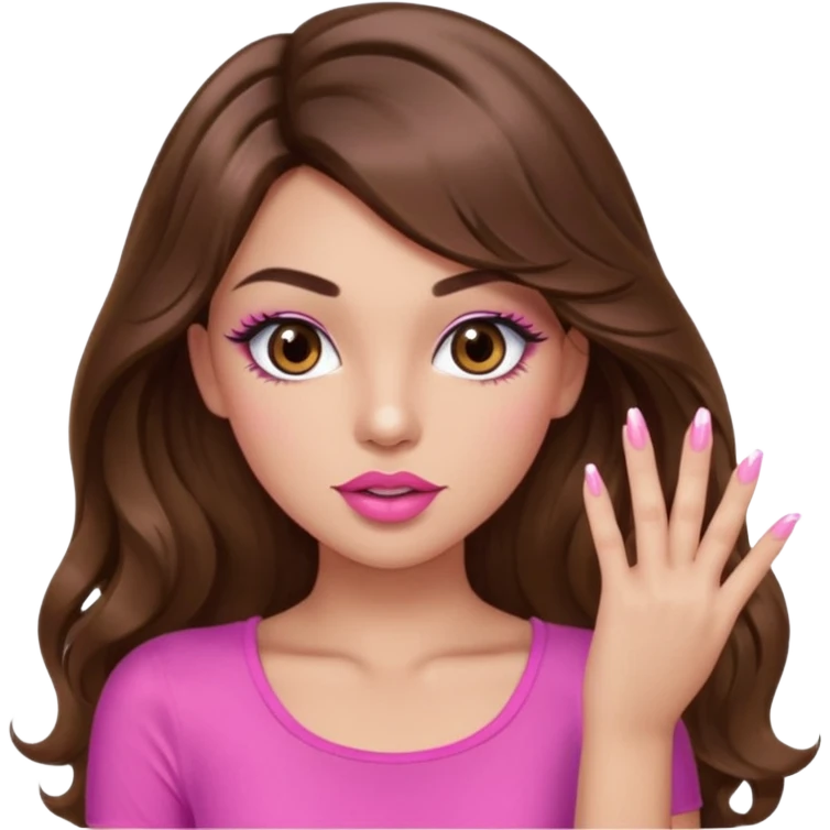 girl with long wavy brown hair, brown eyes, light to medium complexion, in a pink sexy top, pink puckered lips, long lashes, showing a manicure emoji