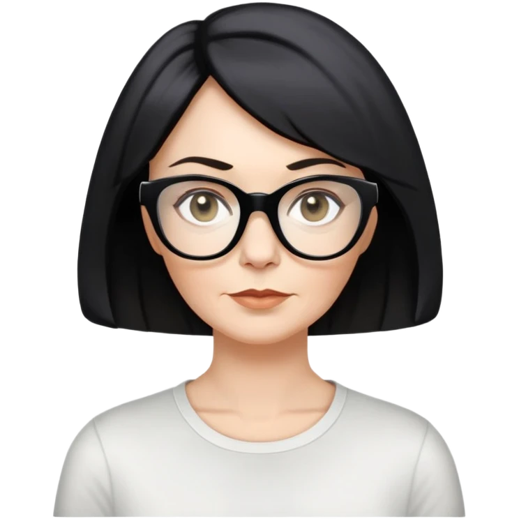 white woman about 50 years old with light warm skin, short black bob haircut to neck with slight waves at ends, neutral determined expression, large black shiny butterfly or cat-eye glasses, white casual t-shirt, calm and creative energy emoji