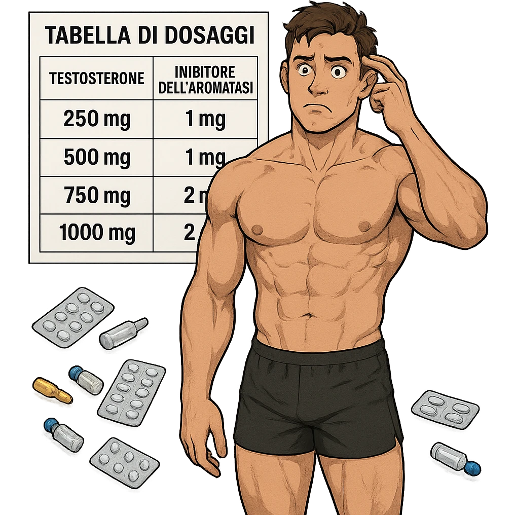 muscular young man in front of dosage table with testosterone and aromatase inhibitor, all text in Italian, confused look, scattered vials and blister packs, white background, 4K quality emoji