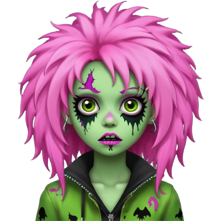 girl, green zombie,pink afro, long, emo, shaggy, dark, spooky,creepy expression emoji