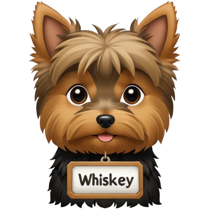 A Yorkie dog with a name tag that says "whiskey" emoji