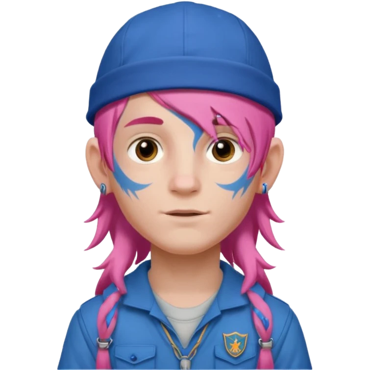 scout boy long hair face tatooes pink haired, wearing blue cap emoji