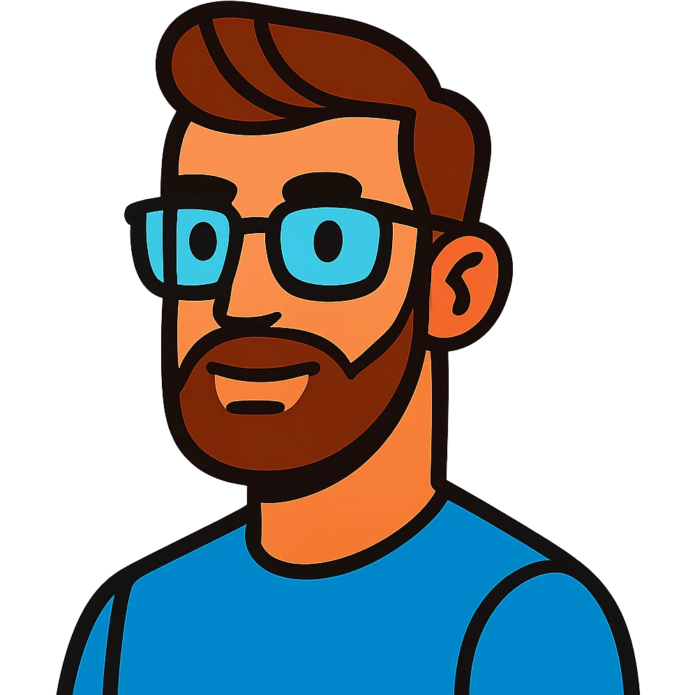 vibrant toon style male with glasses, French cut hairstyle, brown hair, fine full beard emoji