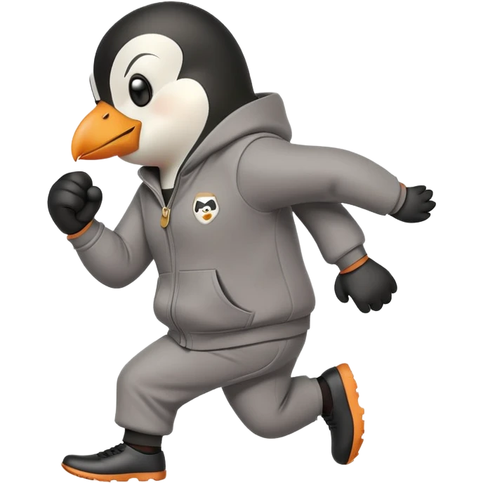 friendly anthropomorphised penguin wearing a mafia-style tracksuit, secretive scheming pose, soprano vibe, angry expression, running with a determined sprint, holding a knuckle duster emoji