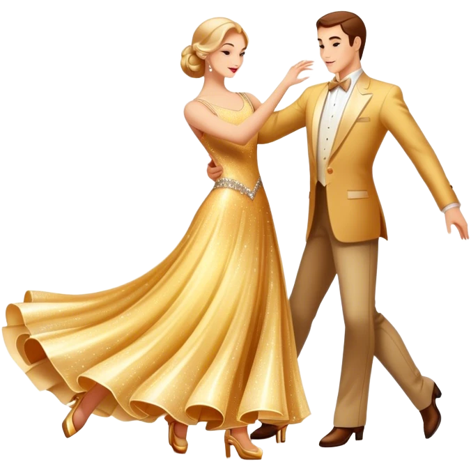 Humanless Icon for Ballroom Dance: elegant ballroom dance shoes, a sparkling dress, and a dance floor with a spotlight. The icon should capture the grace and elegance of ballroom dancing, with emphasis on movement and rhythm. Transparent background. emoji