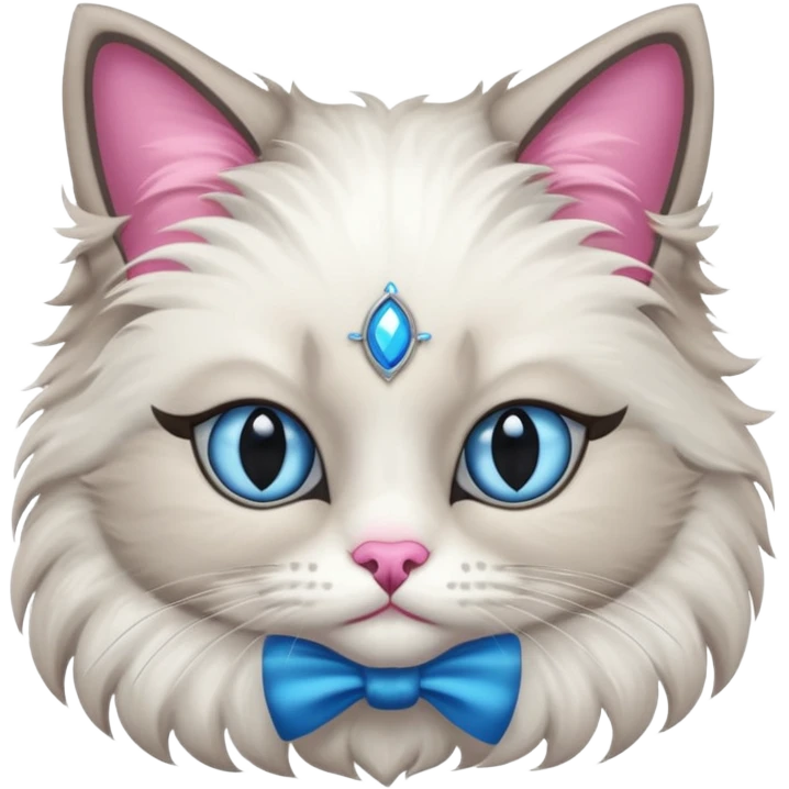 Neva masquerade cat, very fluffy, gray and white, blue eyes and pink nose emoji