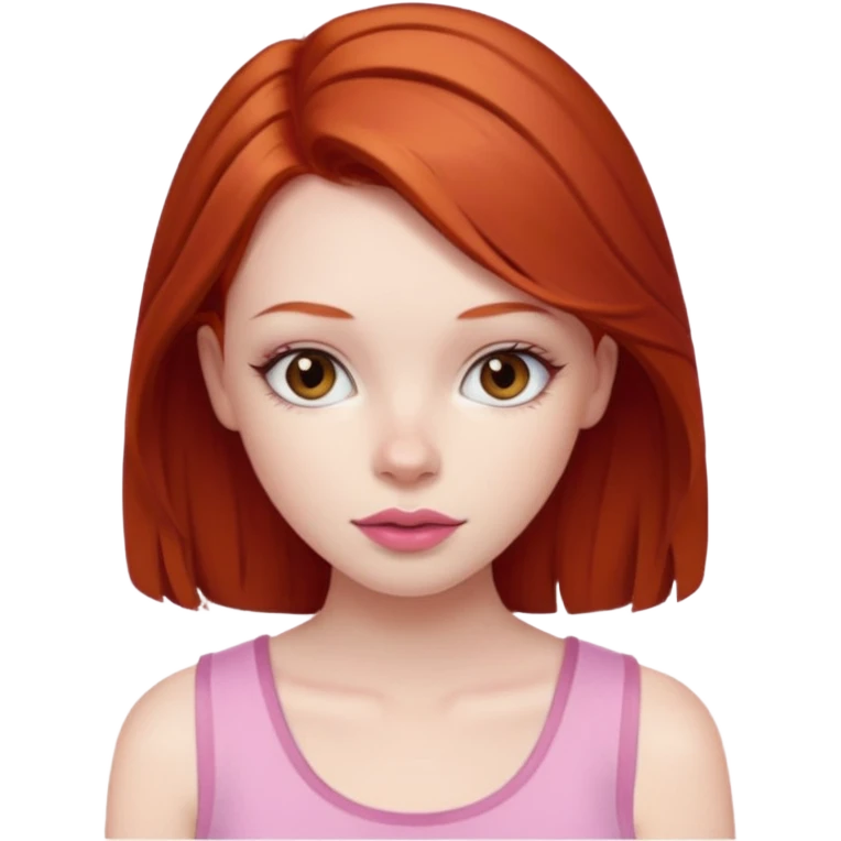 Redhead girl with deep brown eyes, pale skin with light red lips wearing a pink strap shirt emoji