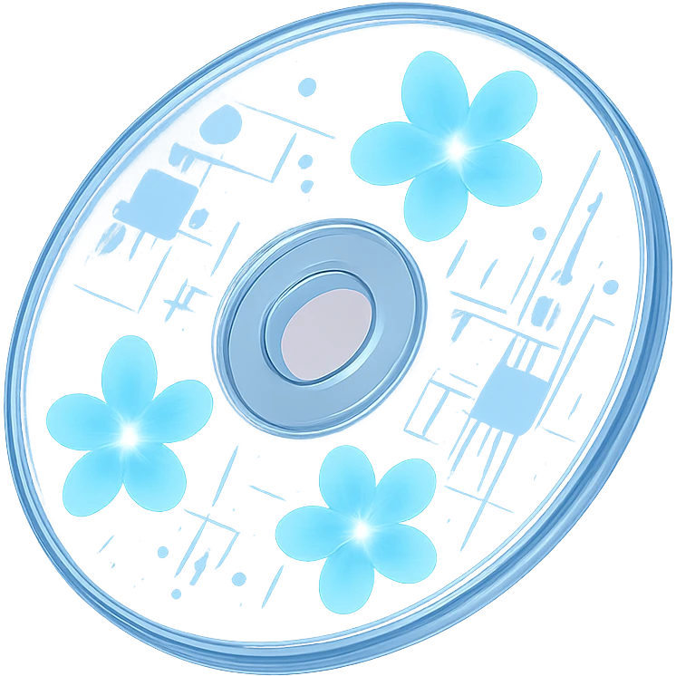 A minimalist CD disc with glowing floral pattern, blue flowers emoji