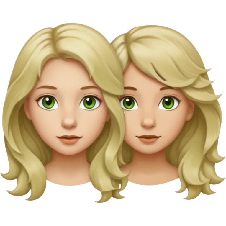 two girls. 1# girl: blonde long hair a bit wavy, green eyes, small button nose, very pale skin.  2# girl: short brown hair (wolfcut), brown eyes but a little green in them, very small button nose. emoji