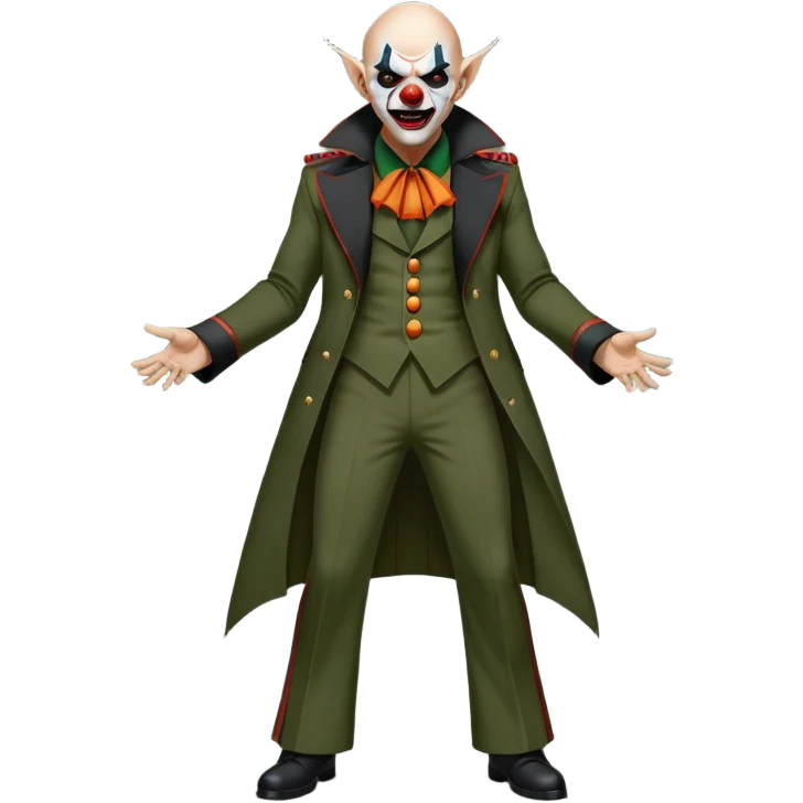 evil clown, bald, small black satan horns on forehead, fangs, pointed ears, eye patch over one eye, long coat over black and military green leisure suit with bellbottom pants, realistically proportioned, less bulky, full body, battle-ready fighting posture emoji