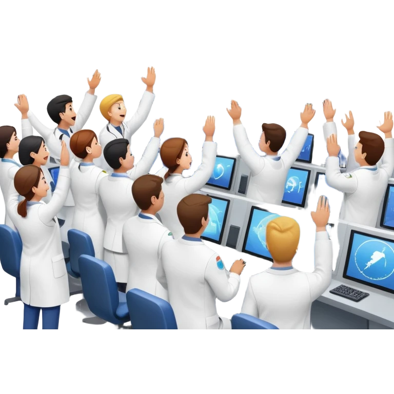 cheering mission control room with big screen showing successful rocket launch emoji