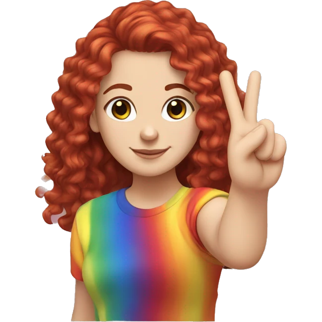 a white girl with long red curly hair in a pony tail with rainbow shirt does peace sign emoji