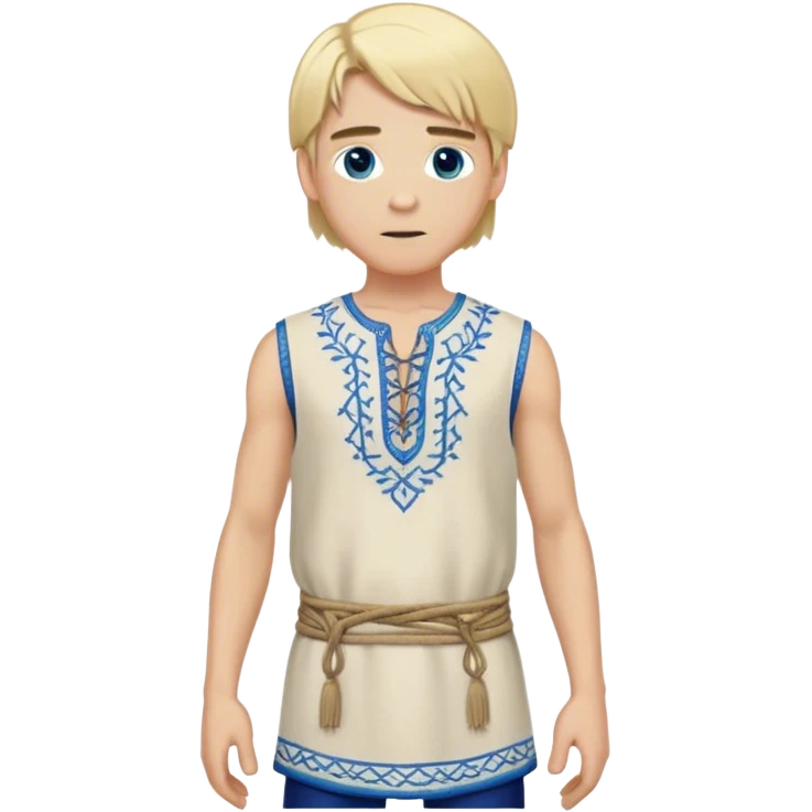 medieval summer outfit worn by a DnD themed fantasy male character. lightweight sleeveless wool tunic with a laced-up front and decorative embroidery. clothes only above the waist. The clothes full waist. The character's haven't arms. character is white-skinned, blonde hair, blue eyes, medium-length straight hair. emoji