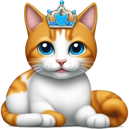 gato blanco con rayas naranjas en las patas, orejas y cola, ojos azules tumbado en el sofá con una diadema de princesa  emoji