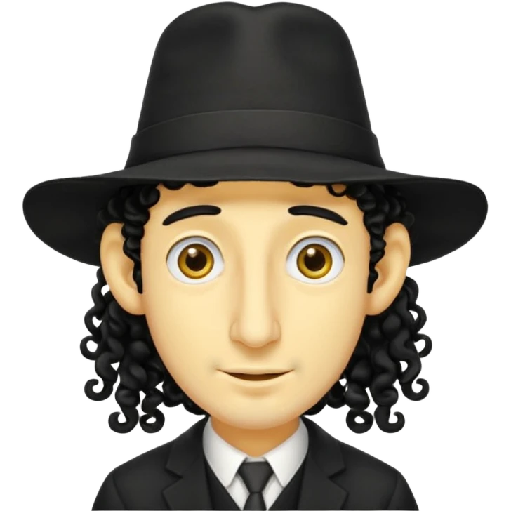 Jewish guy ,yellow skin ,very long nose ,black hat with 2 strands of curly hair coming down each side of the hat emoji