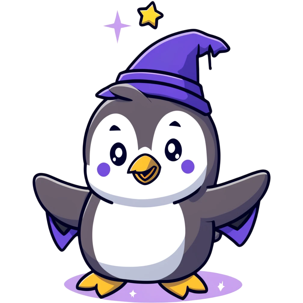 cute penguin wizard casting a spell with sparkles emoji