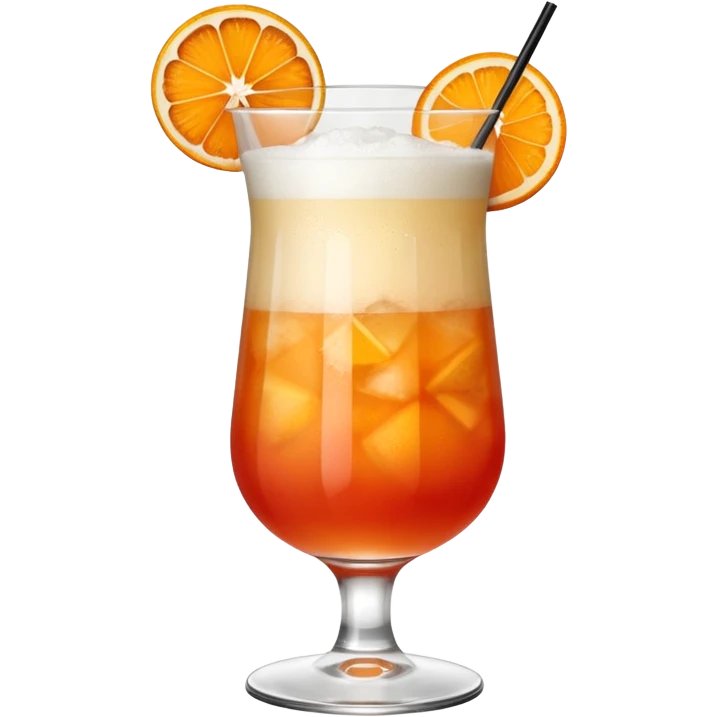 A tall glass filled with a frothy orange-red Garibaldi cocktail, topped with an orange wedge. emoji