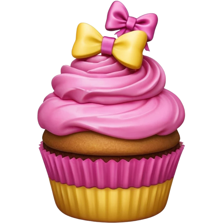 hyper realistic emoji of a bitten cupcake with pink frosting and a small gift bow on top, bitten part showing a tiny present inside, clean colorful emoji-style design emoji