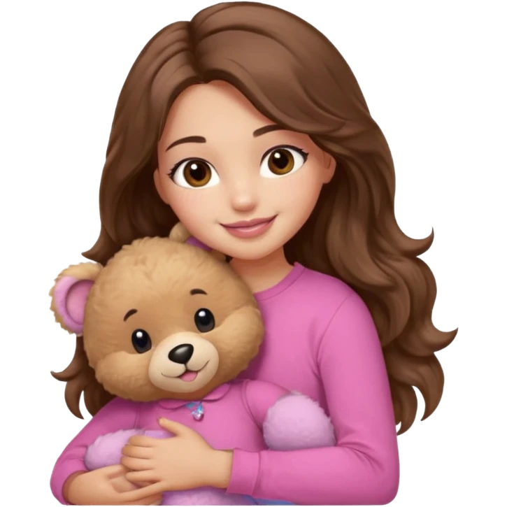 girl with long wavy brown hair, brown eyes, light to medium complexion, in a pink shirt, pink lips, long lashes, smiling, hugging a teddybear emoji