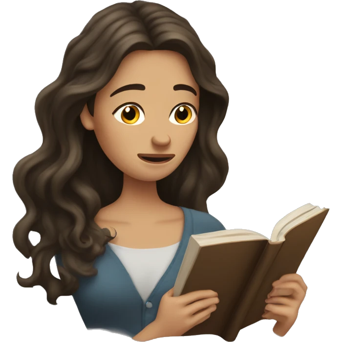 brunette long wavy hair woman crying tears down face while holding and reading book emoji