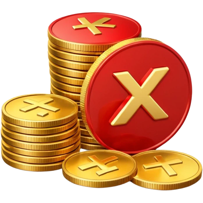Apple emoji style, glossy 3D icon a red prohibition symbol (🚫) over a stack of shiny golden coins. The coins have soft reflections, rounded edges, and a small red X embossed on the top coin emoji