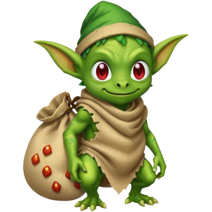 A pixel art goblin with a cloth sack over its back filled with dragon eggs. emoji