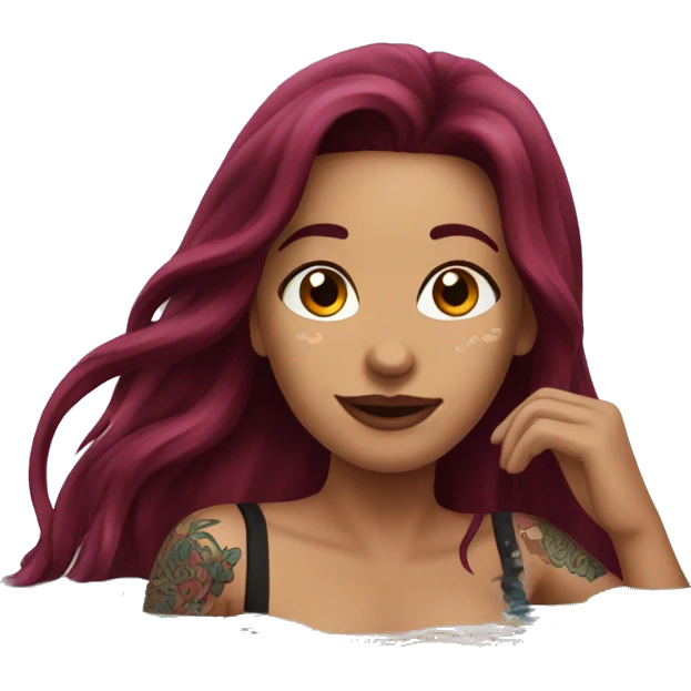 Beautiful tattooed  burgundy long haired woman swimming in a pool emoji