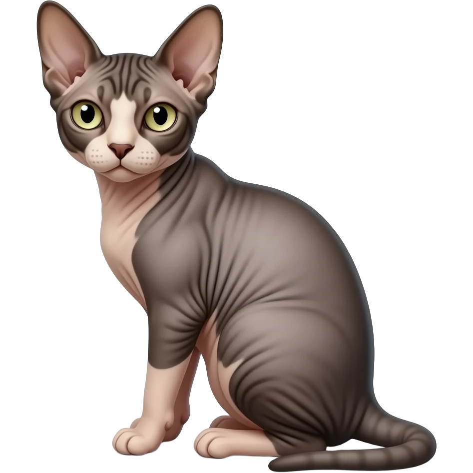 Realistic ugly straight-sitting Devon Rex cat, back facing to the left, facing forward emoji