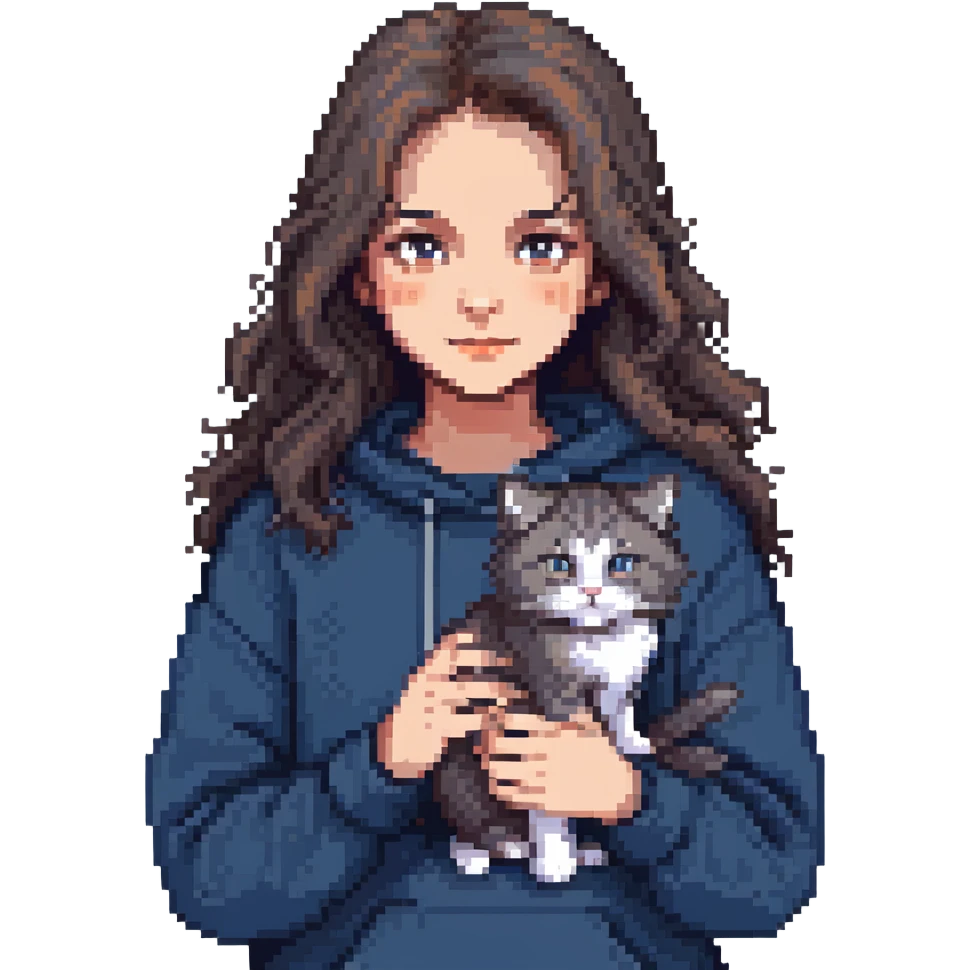 Brunette girl with dark blue sweatshirt lovingly holding a grey Siberian cat, detailed pixel art emoji