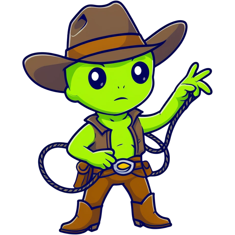Green alien cowboy with cowboy hat and lasso emoji