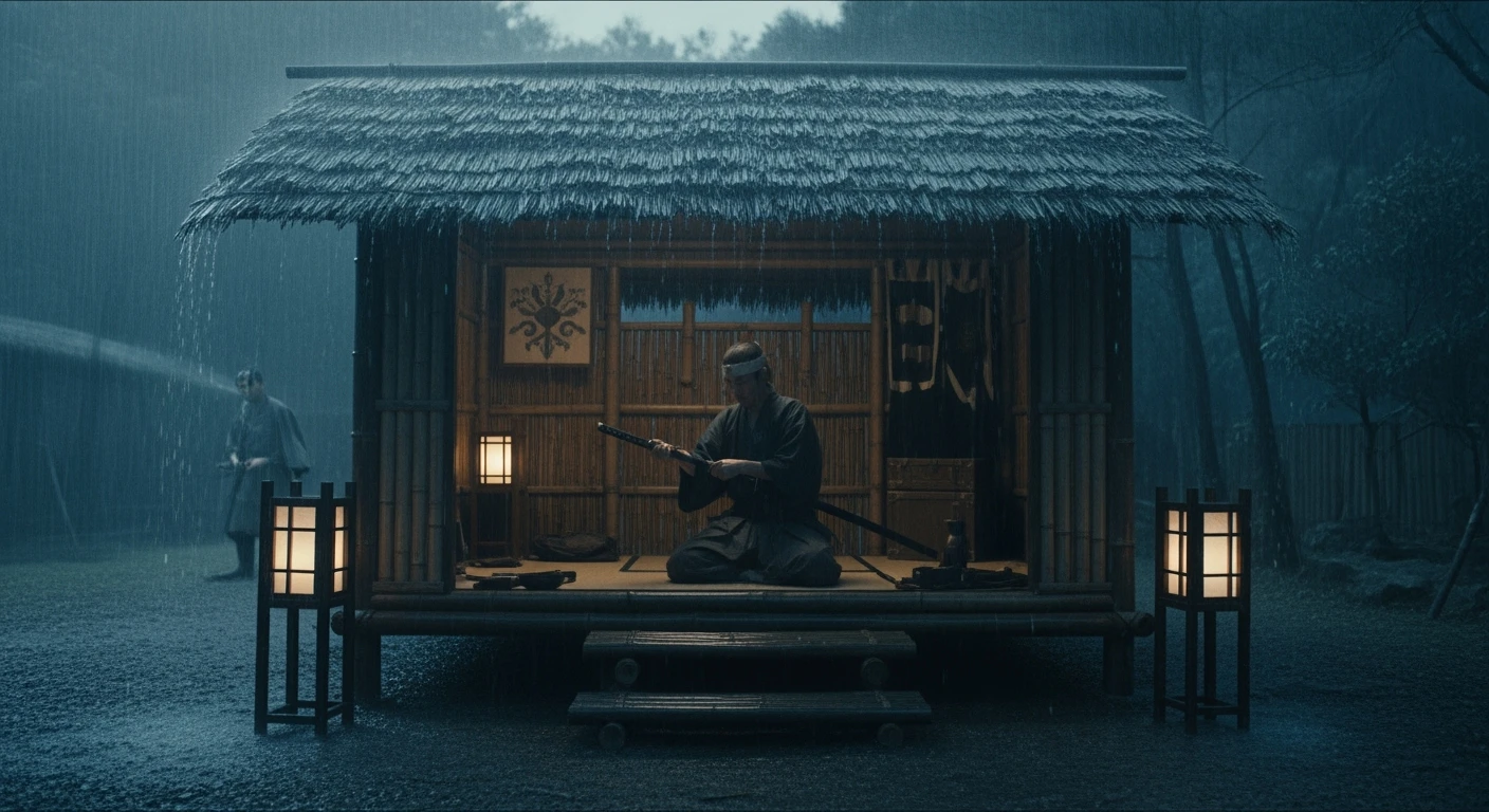 A cinematic scene from 1185, motion blur, wide shot of Taro polishing his katana in a bamboo hut, rain on roof, lamp-lit, symmetrical, gray-blue palette, tense, Arri Alexa, Wes Anderson. emoji