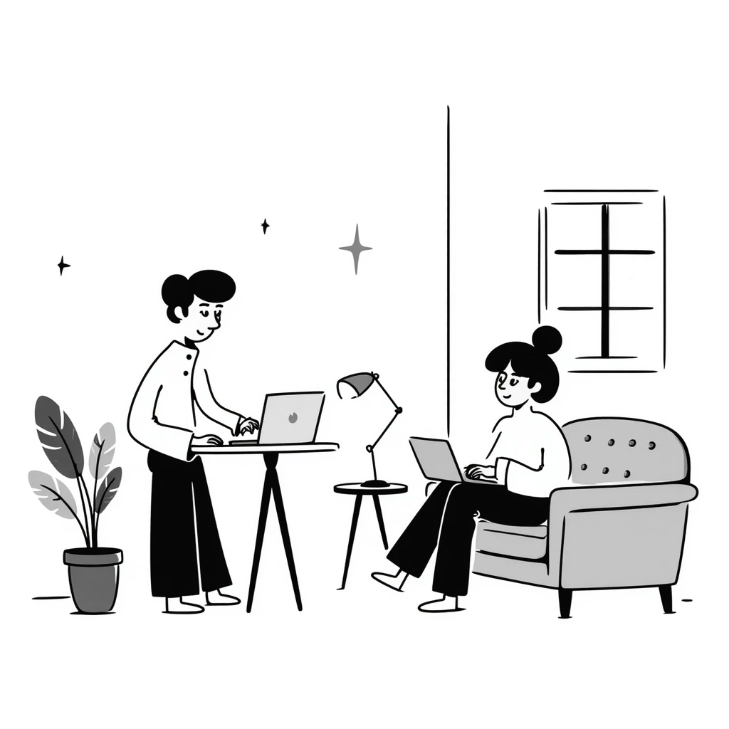 escenary 3d of a cozy mid-century living room with two people working on laptops, one man standing at a desk and one woman sitting on a couch, two walls and floor visible emoji