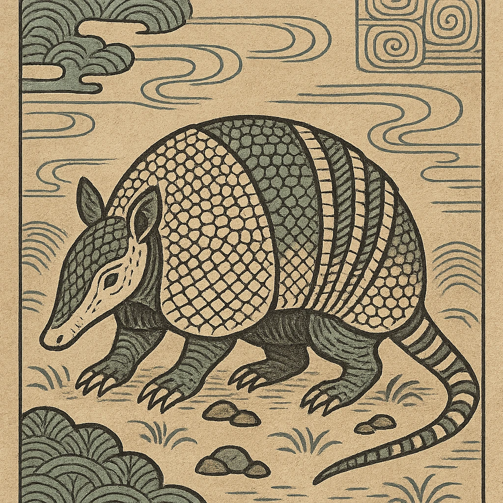 ukiyo-e inspired black and white armadillo illustration emoji