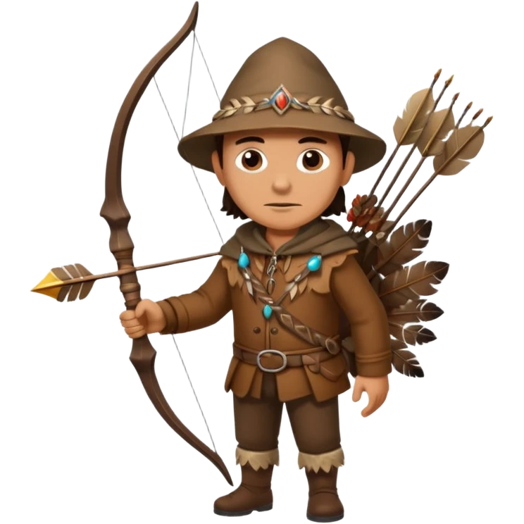 A classic middle-aged hunter, carrying a bow and arrow, dressed in brown clothes, and adorned with decorations made of feathers or bone teeth
 emoji