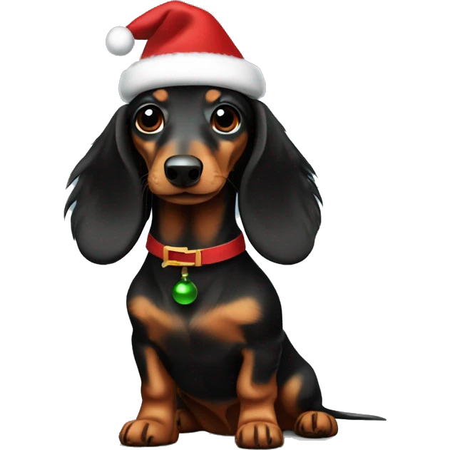Mini long-haired, dachshund, black and brown colors wearing a Christmas dress emoji